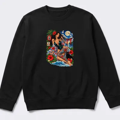 Vibrant tropical print featuring a pin-up girl and black cat with bold lettering — printed on a unisex sweatshirt