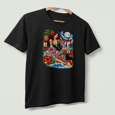Vibrant tropical print featuring a pin-up girl and black cat with bold lettering — printed on a unisex t-shirt (angled view)