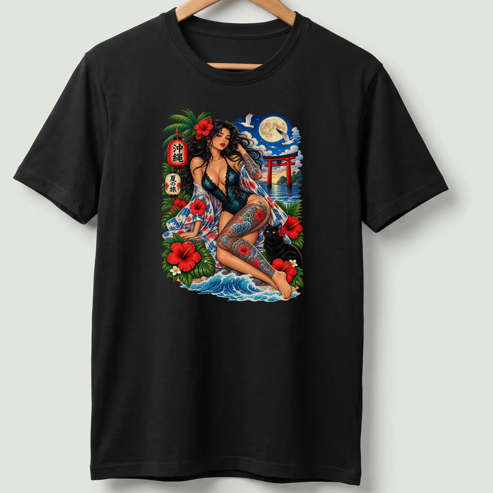 Vibrant tropical print featuring a pin-up girl and black cat with bold lettering — printed on a unisex t-shirt