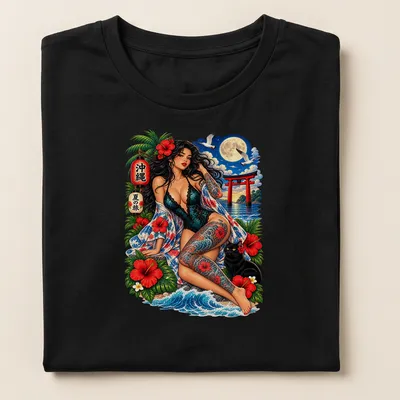 Vibrant tropical print featuring a pin-up girl and black cat with bold lettering — printed on a women's shirt