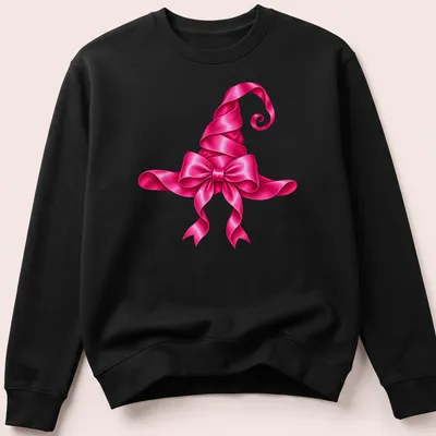 Glossy pink witch hat design for Halloween — printed on a unisex sweatshirt