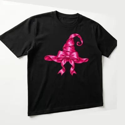 Glossy pink witch hat design for Halloween — printed on a unisex t-shirt (angled view)