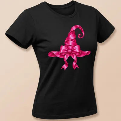 Glossy pink witch hat design for Halloween — printed on a women's shirt