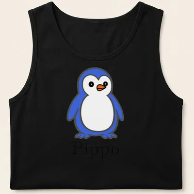 Minimalist penguin character design with the text 'Pippo' in blue and white. — printed on a tank top