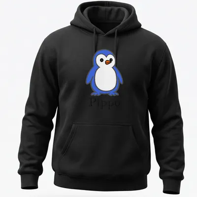 Minimalist penguin character design with the text 'Pippo' in blue and white. — printed on a unisex hoodie
