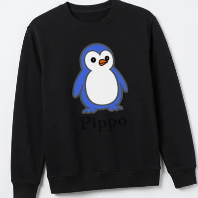 Minimalist penguin character design with the text 'Pippo' in blue and white. — printed on a unisex sweatshirt