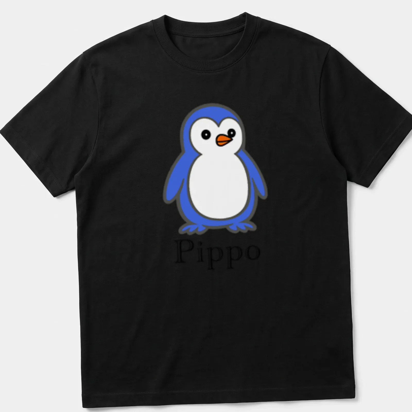 Minimalist penguin character design with the text 'Pippo' in blue and white. — printed on a unisex t-shirt