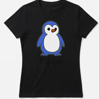 Minimalist penguin character design with the text 'Pippo' in blue and white. — printed on a women's shirt