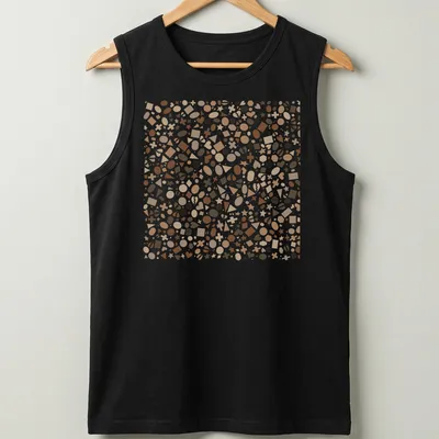 Playful geometric shapes in earthy colors of brown, beige, and white. — printed on a tank top