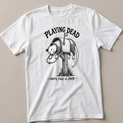 Vintage illustration of a possum with text reading 'PLAYING DEAD UNTIL THIS IS OVER' in black and gray. — printed on a unisex t-shirt