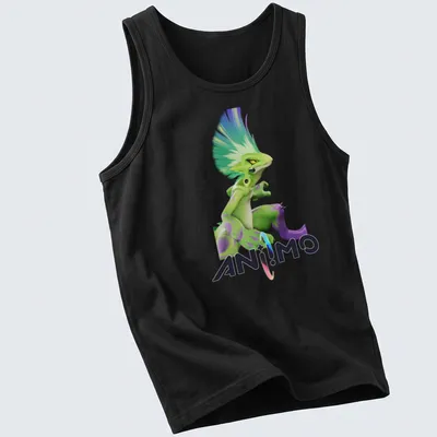 3D illustration of a playful green creature with spiky hair and vibrant colors — printed on a tank top