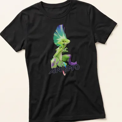 3D illustration of a playful green creature with spiky hair and vibrant colors — printed on a women's shirt
