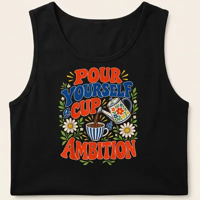 Vintage floral print of a coffee pot and cup with motivational text — printed on a tank top