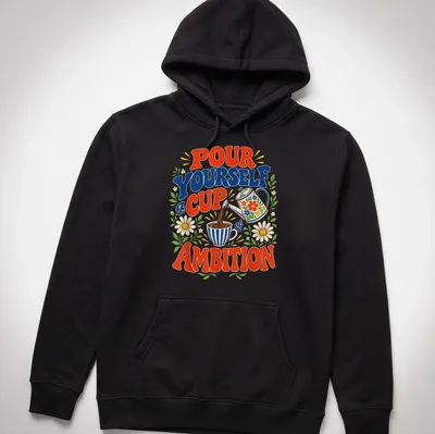 Vintage floral print of a coffee pot and cup with motivational text — printed on a unisex hoodie
