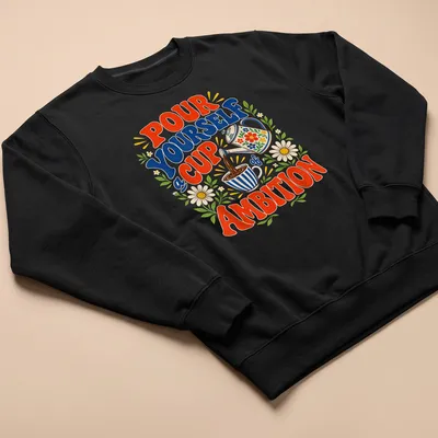 Vintage floral print of a coffee pot and cup with motivational text — printed on a unisex sweatshirt