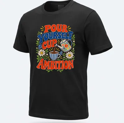 Vintage floral print of a coffee pot and cup with motivational text — printed on a unisex t-shirt