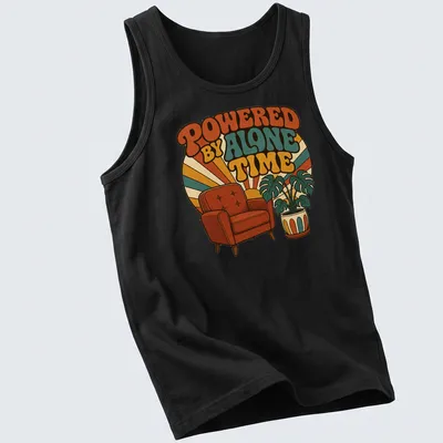 Retro design featuring an armchair and potted plant with the text 'Powered By Alone Time' — printed on a tank top
