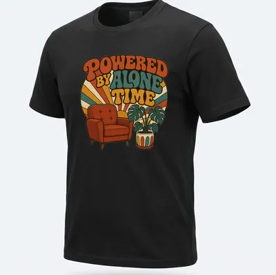 Retro design featuring an armchair and potted plant with the text 'Powered By Alone Time'