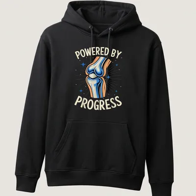 Vibrant illustration of a knee joint with motivational text on a t-shirt. — printed on a unisex hoodie