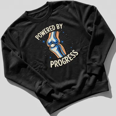 Vibrant illustration of a knee joint with motivational text on a t-shirt. — printed on a unisex sweatshirt