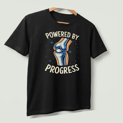 Vibrant illustration of a knee joint with motivational text on a t-shirt. — printed on a unisex t-shirt (angled view)