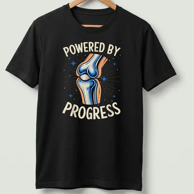 Vibrant illustration of a knee joint with motivational text on a t-shirt. — printed on a unisex t-shirt