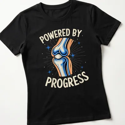 Vibrant illustration of a knee joint with motivational text on a t-shirt. — printed on a women's shirt