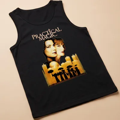 Vintage movie poster style t-shirt featuring two women with umbrellas and the text 'Practical Magic' — printed on a tank top