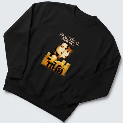 Vintage movie poster style t-shirt featuring two women with umbrellas and the text 'Practical Magic' — printed on a unisex sweatshirt