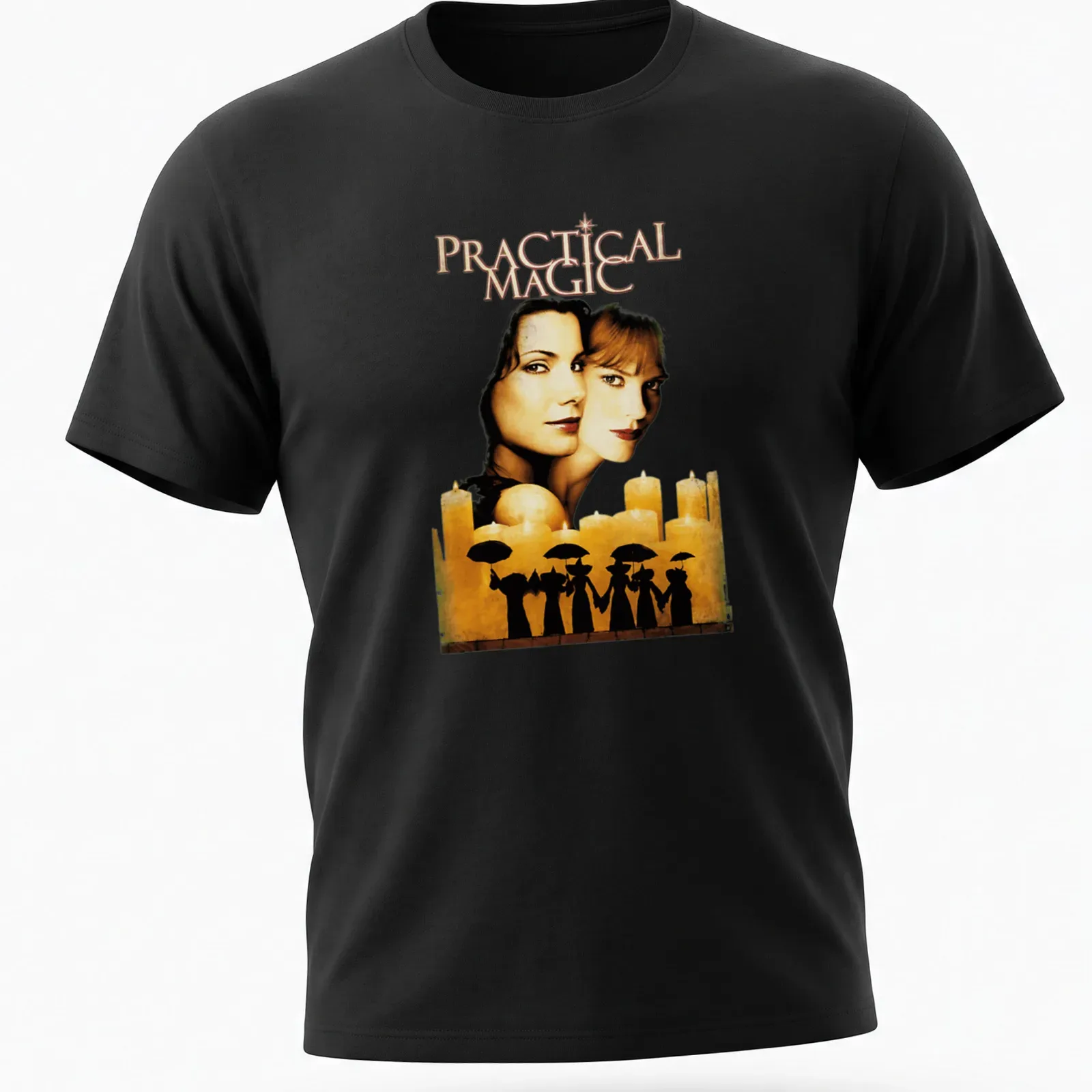 Vintage movie poster style t-shirt featuring two women with umbrellas and the text 'Practical Magic' — printed on a unisex t-shirt