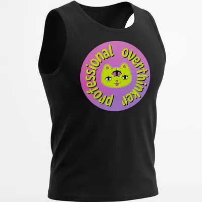 Colorful cartoon cat with a third eye and the text 'Professional Overthinker' — printed on a tank top