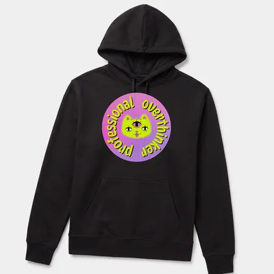 Colorful cartoon cat with a third eye and the text 'Professional Overthinker' — printed on a unisex hoodie