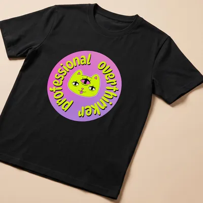 Colorful cartoon cat with a third eye and the text 'Professional Overthinker'