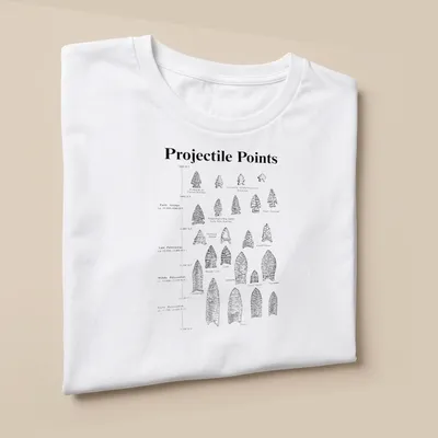 Detailed illustration of various arrowheads with the text 'Projectile Points' in bold. — printed on a unisex t-shirt (angled view)