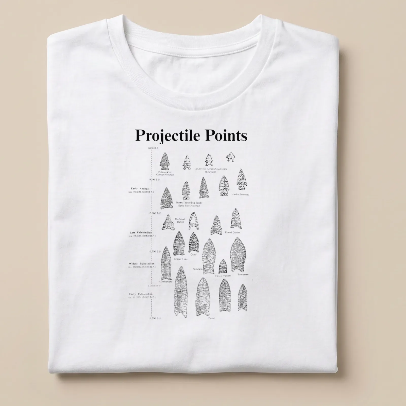 Detailed illustration of various arrowheads with the text 'Projectile Points' in bold. — printed on a unisex t-shirt