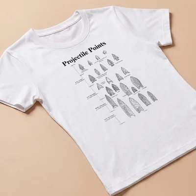 Detailed illustration of various arrowheads with the text 'Projectile Points' in bold. — printed on a women's shirt