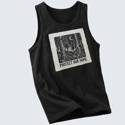 Vintage woodcut-style t-shirt featuring a forest scene and moon with the text 'Protect Our Home.' — printed on a tank top