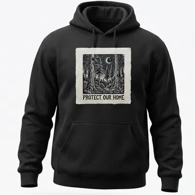 Vintage woodcut-style t-shirt featuring a forest scene and moon with the text 'Protect Our Home.' — printed on a unisex hoodie