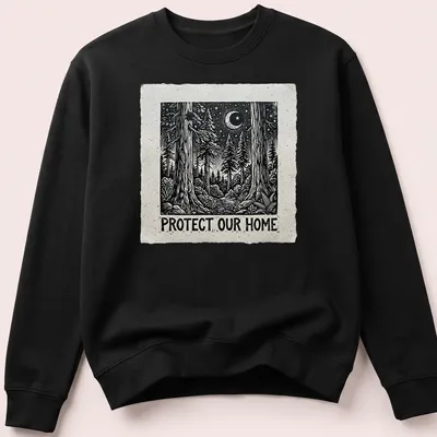Vintage woodcut-style t-shirt featuring a forest scene and moon with the text 'Protect Our Home.' — printed on a unisex sweatshirt