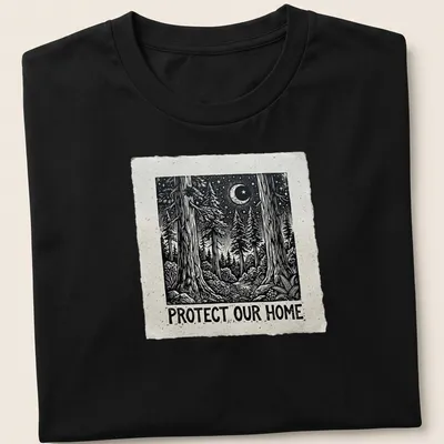 Vintage woodcut-style t-shirt featuring a forest scene and moon with the text 'Protect Our Home.'