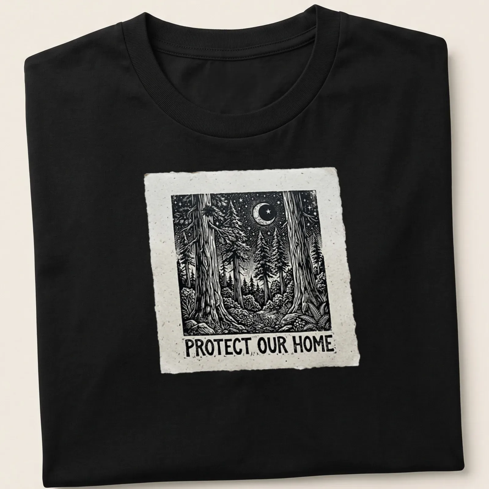 Vintage woodcut-style t-shirt featuring a forest scene and moon with the text 'Protect Our Home.' — printed on a unisex t-shirt