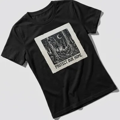 Vintage woodcut-style t-shirt featuring a forest scene and moon with the text 'Protect Our Home.' — printed on a women's shirt