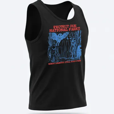 Vintage illustration of Bigfoot, aliens, and text about protecting national parks. — printed on a tank top
