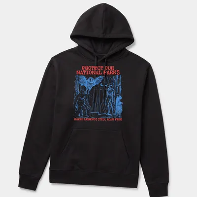 Vintage illustration of Bigfoot, aliens, and text about protecting national parks. — printed on a unisex hoodie