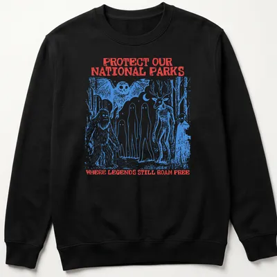 Vintage illustration of Bigfoot, aliens, and text about protecting national parks. — printed on a unisex sweatshirt