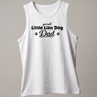 Illustration of a Little Lion Dog with bold text above saying Proud Little Lion Dog Dad — printed on a tank top