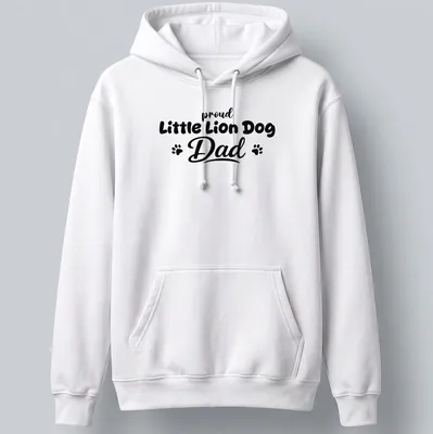 Illustration of a Little Lion Dog with bold text above saying Proud Little Lion Dog Dad — printed on a unisex hoodie