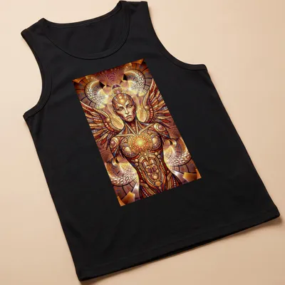 Psychedelic mosaic of a winged being in vibrant colors — printed on a tank top