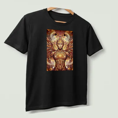 Psychedelic mosaic of a winged being in vibrant colors — printed on a unisex t-shirt (angled view)
