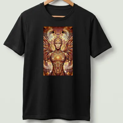 Psychedelic mosaic of a winged being in vibrant colors — printed on a unisex t-shirt